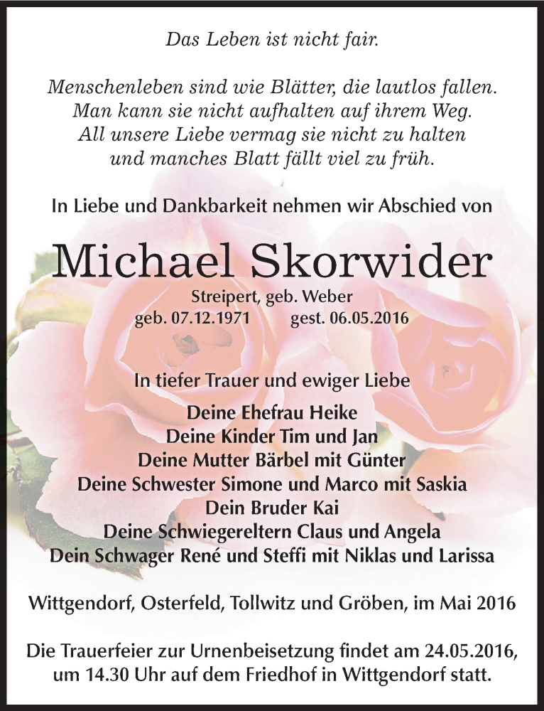 Traueranzeige für Michael Skorwider vom 14.05.2016 aus Mitteldeutsche Zeitung Zeitz