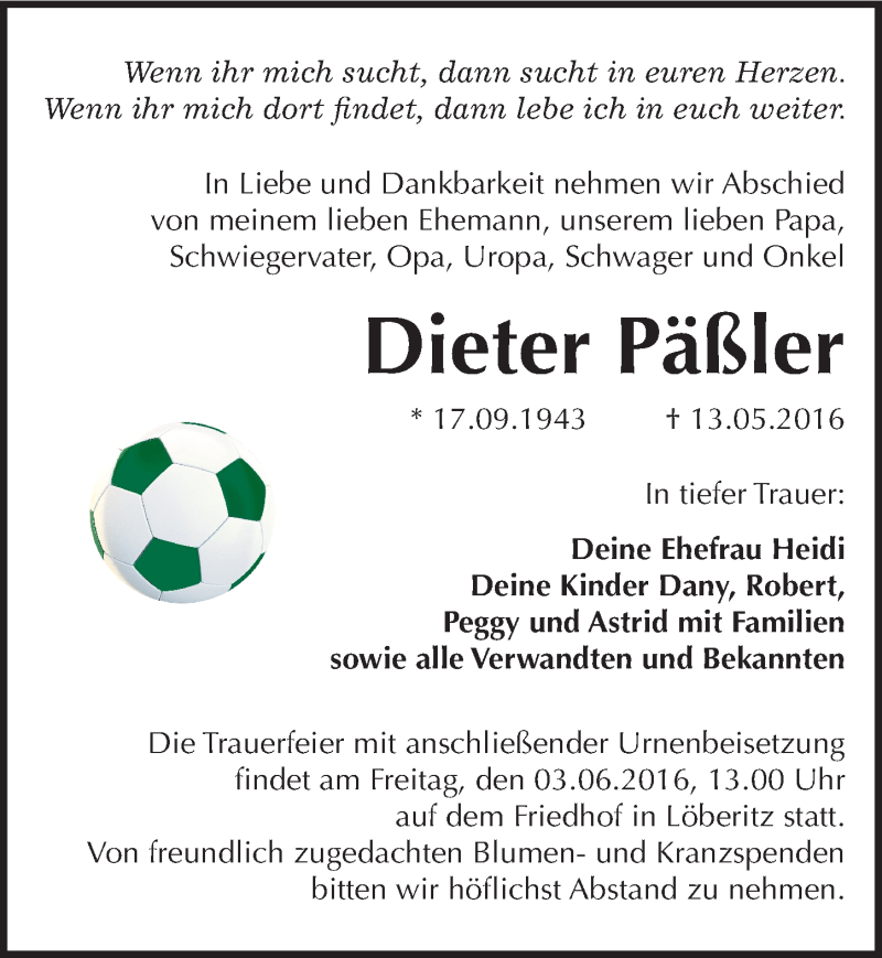  Traueranzeige für Dieter Päßler vom 21.05.2016 aus Mitteldeutsche Zeitung Bitterfeld