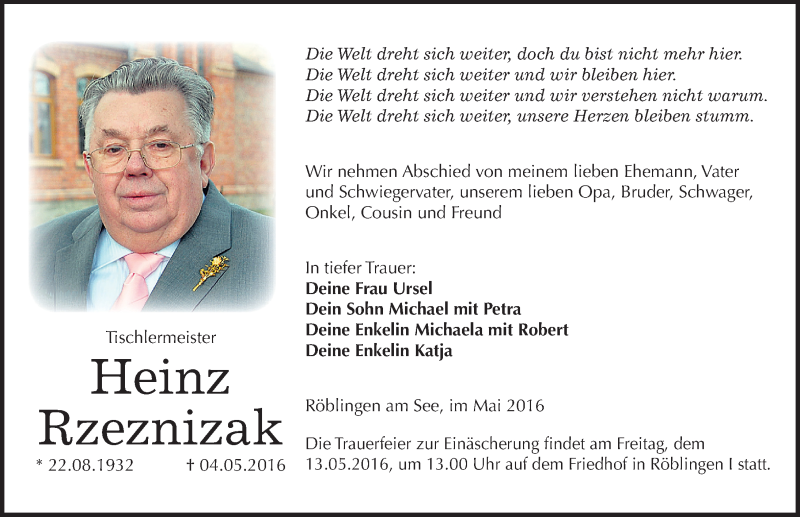  Traueranzeige für Heinz Rzeznizak vom 07.05.2016 aus Mitteldeutsche Zeitung