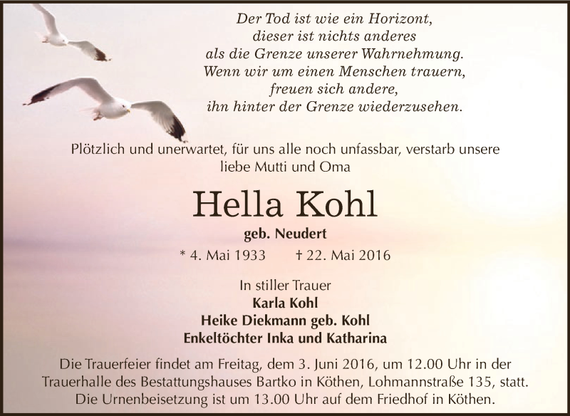  Traueranzeige für Hella Kohl vom 28.05.2016 aus WVG - Wochenspiegel Dessau / Köthen