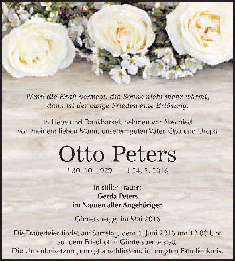  Traueranzeige für Otto Peters vom 28.05.2016 aus WVG - Wochenspiegel Quedlinburg