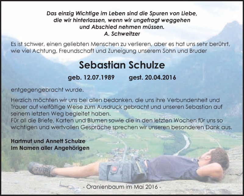  Traueranzeige für Sebastian Schulze vom 14.05.2016 aus WVG - Wochenspiegel Wittenberg