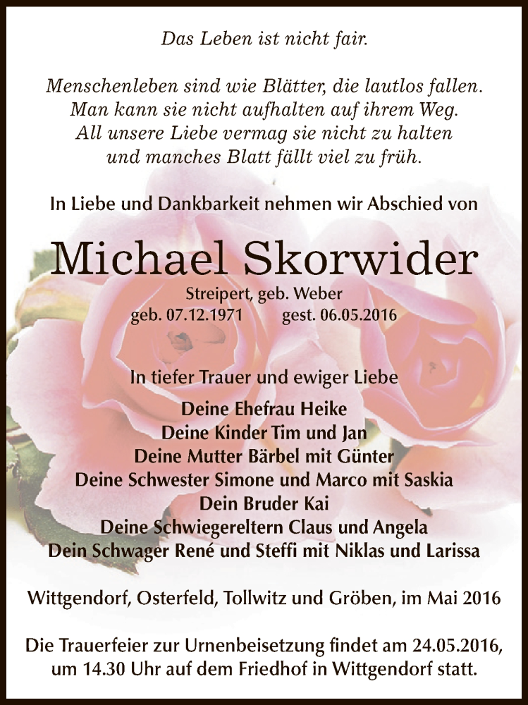  Traueranzeige für Michael Skorwider vom 14.05.2016 aus Super Sonntag Zeitz