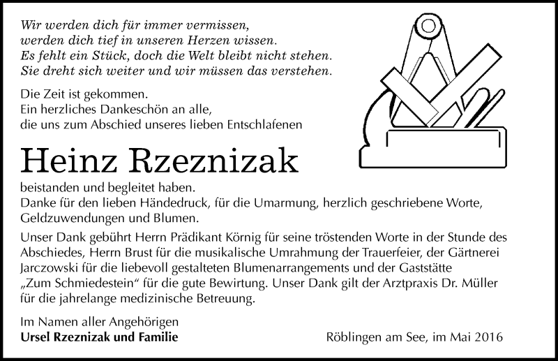  Traueranzeige für Heinz Rzeznizak vom 26.05.2016 aus Mitteldeutsche Zeitung Mansfelder Land