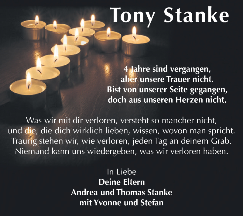  Traueranzeige für Tony Stanke vom 21.05.2016 aus Super Sonntag Zeitz
