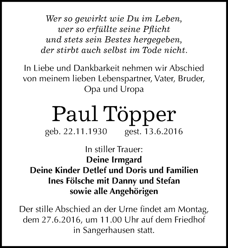 Traueranzeige für Paul Töpper vom 25.06.2016 aus Mitteldeutsche Zeitung Sangerhausen