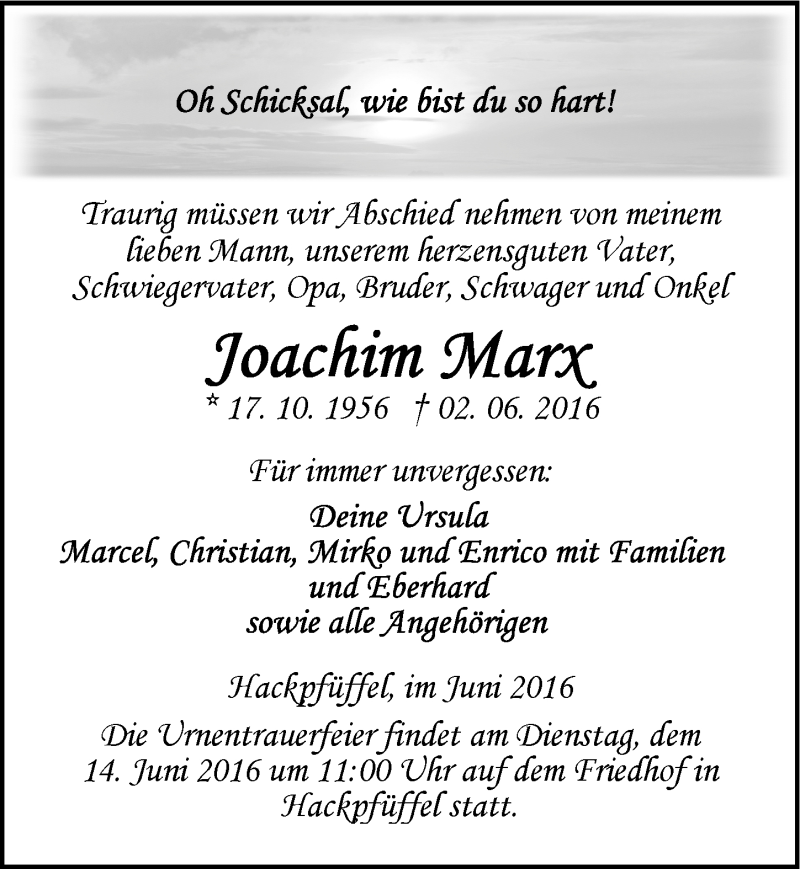  Traueranzeige für Joachim Marx vom 10.06.2016 aus Mitteldeutsche Zeitung Sangerhausen