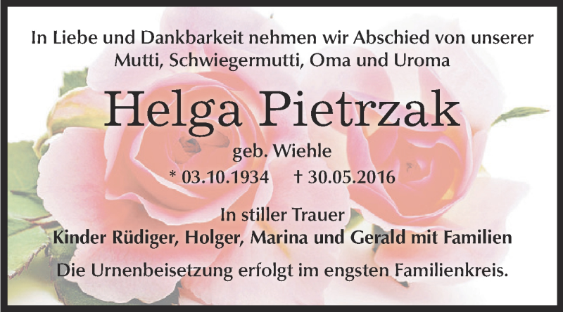  Traueranzeige für Helga Pietrzak vom 04.06.2016 aus Super Sonntag Bernburg