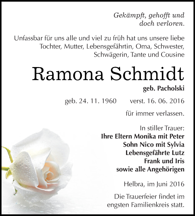  Traueranzeige für Ramona Schmidt vom 25.06.2016 aus Super Sonntag SGH Mansf. Land