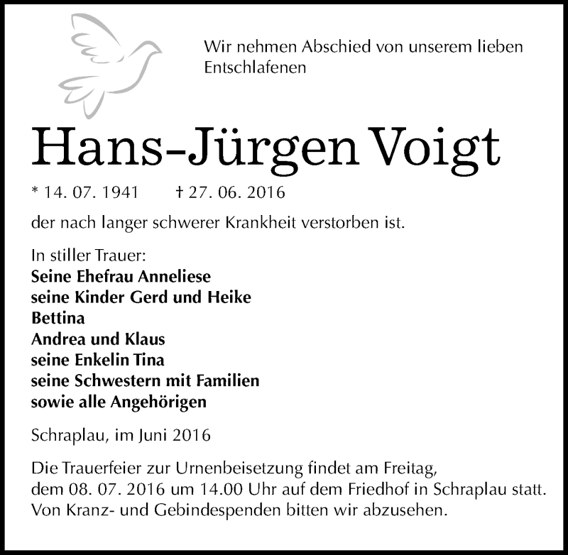  Traueranzeige für Hans-Jürgen Voigt vom 30.06.2016 aus Mitteldeutsche Zeitung Mansfelder Land