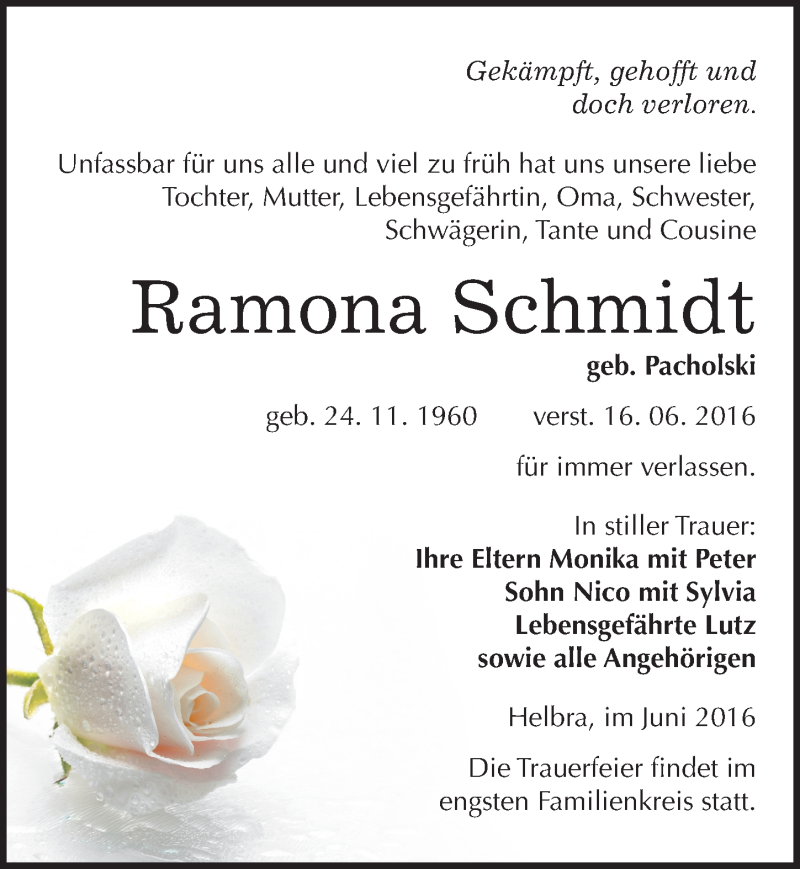  Traueranzeige für Ramona Schmidt vom 21.06.2016 aus Mitteldeutsche Zeitung Mansfelder Land