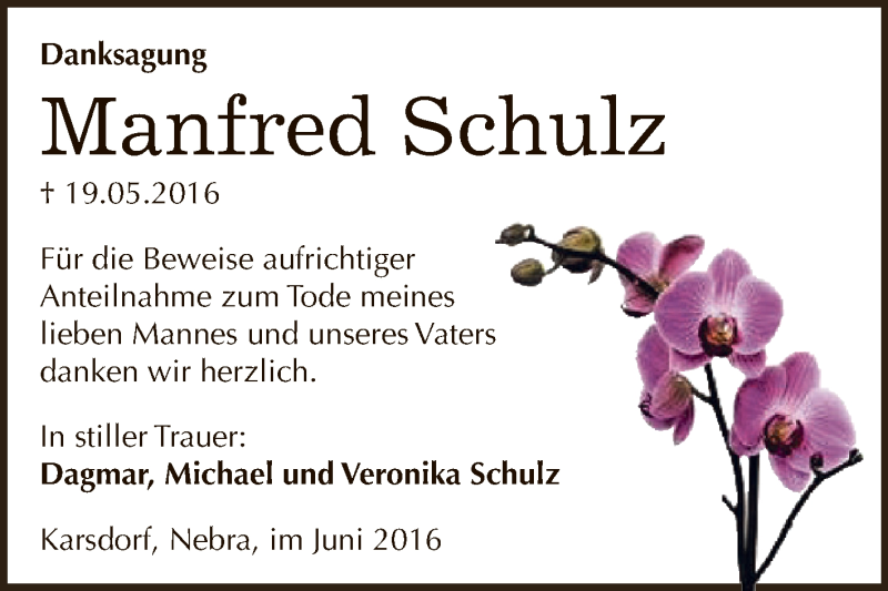  Traueranzeige für Manfred Schulz vom 22.06.2016 aus WVG - Wochenspiegel NMB / WSF / ZTZ