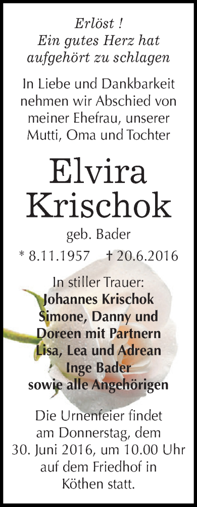  Traueranzeige für Elvira Krischok vom 25.06.2016 aus WVG - Wochenspiegel Dessau / Köthen