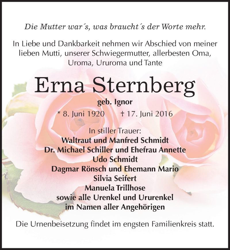  Traueranzeige für Erna Sternberg vom 25.06.2016 aus Mitteldeutsche Zeitung Zeitz