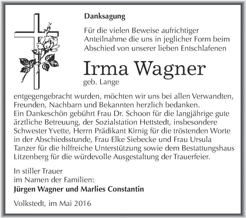  Traueranzeige für Irma Wagner vom 01.06.2016 aus Wochenspiegel Mansfelder Land