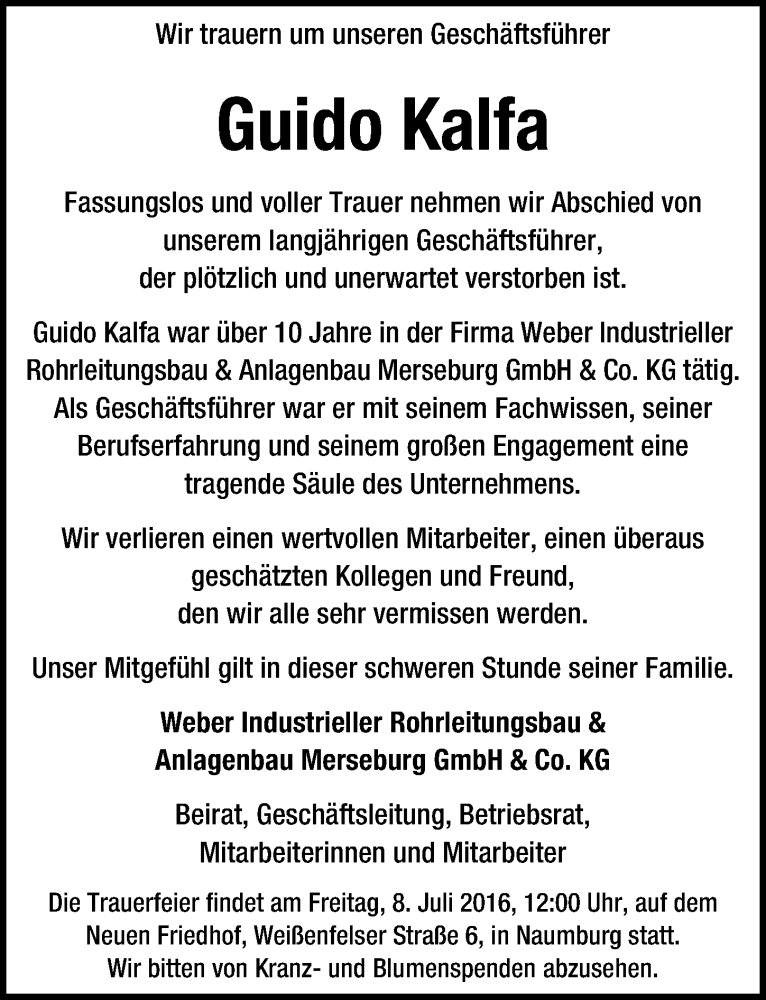  Traueranzeige für Guido Kalfa vom 30.06.2016 aus Mitteldeutsche Zeitung