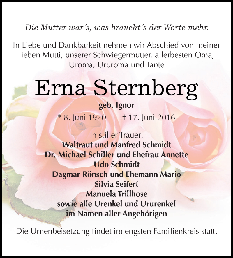 Traueranzeige für Erna Sternberg vom 25.06.2016 aus Super Sonntag Zeitz