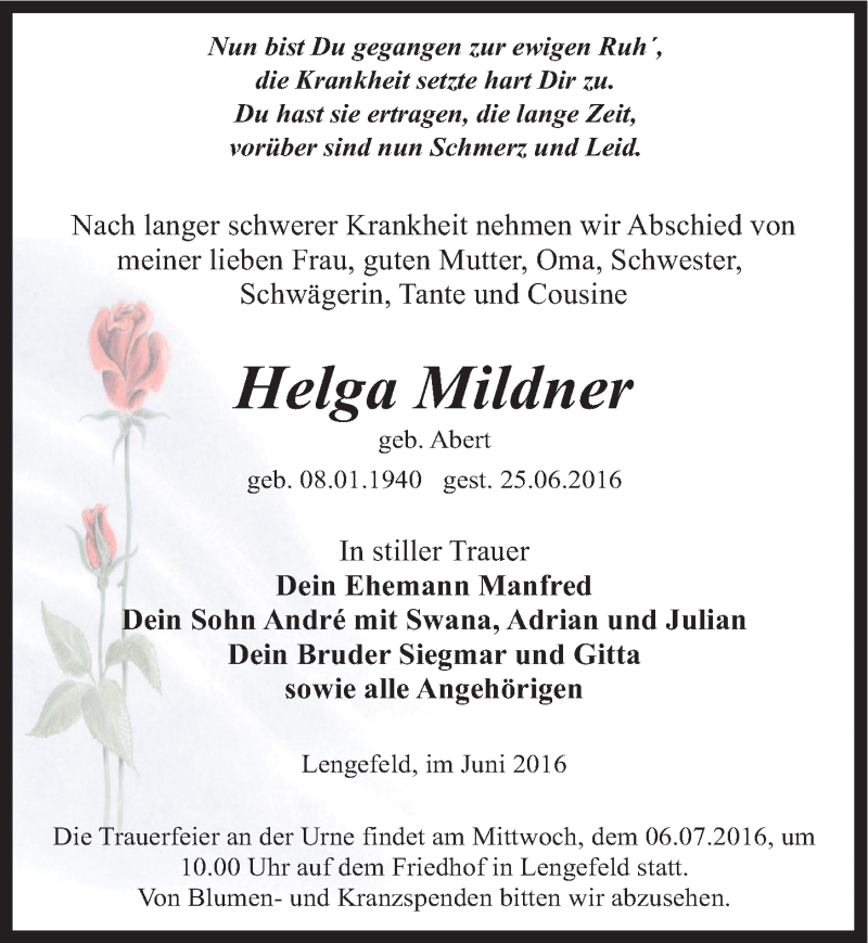  Traueranzeige für Helga Mildner vom 30.06.2016 aus Mitteldeutsche Zeitung Sangerhausen