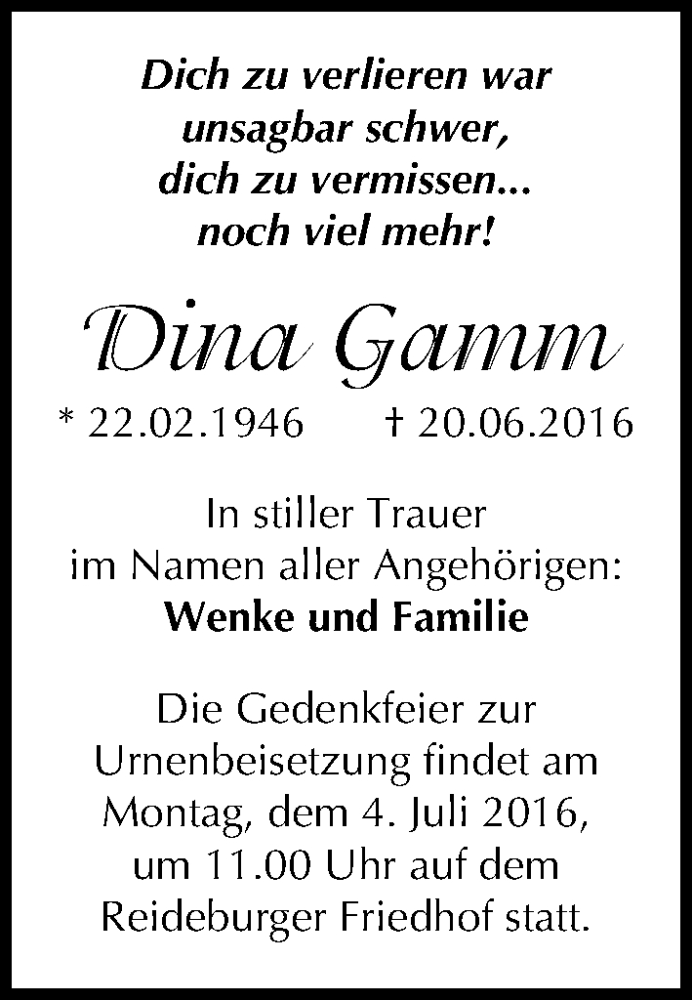  Traueranzeige für Dina Gamm vom 25.06.2016 aus Mitteldeutsche Zeitung Halle/Saalkreis