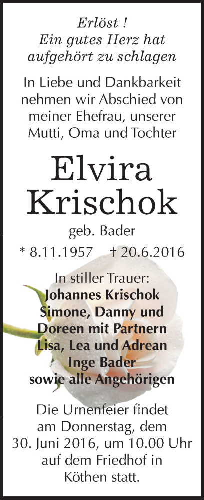  Traueranzeige für Elvira Krischok vom 22.06.2016 aus Mitteldeutsche Zeitung Köthen