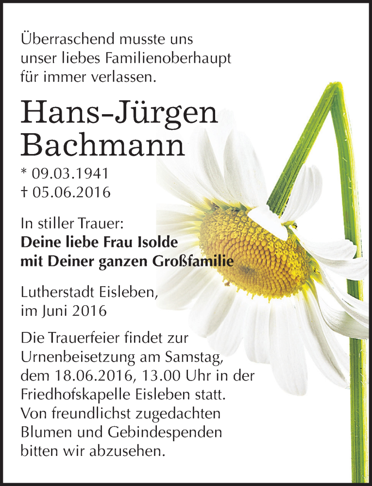 Traueranzeige für Hans-Jürgen Bachmann vom 11.06.2016 aus Mitteldeutsche Zeitung Mansfelder Land