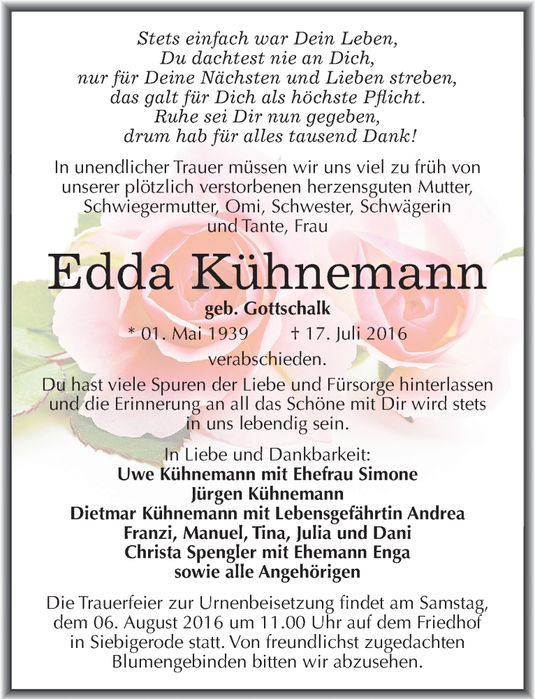  Traueranzeige für Edda Kühnemann vom 27.07.2016 aus Mitteldeutsche Zeitung Mansfelder Land