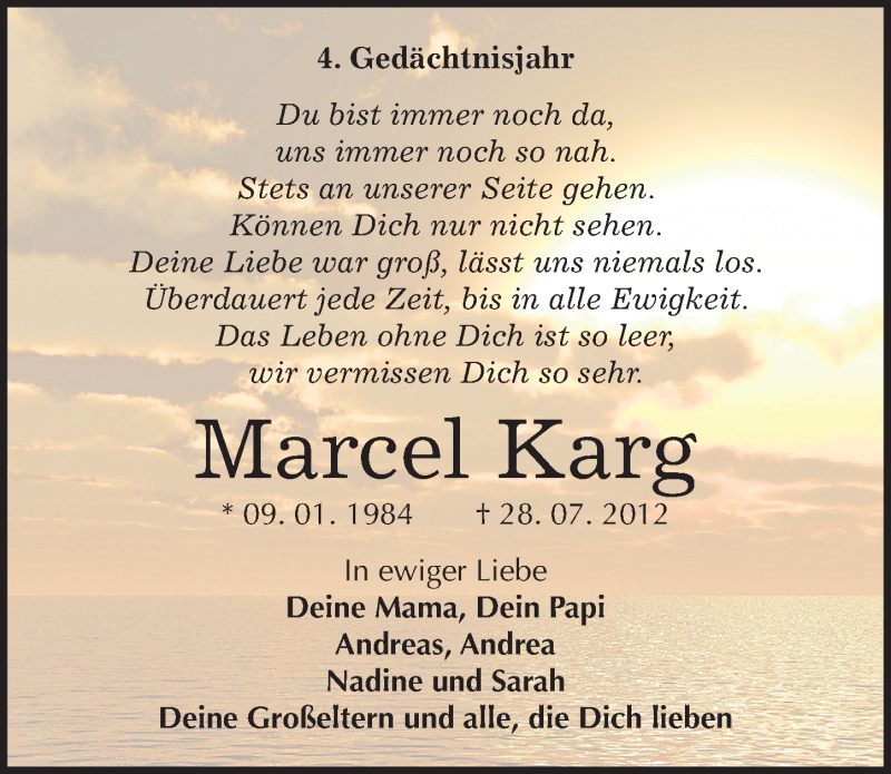  Traueranzeige für Marcel Karg vom 28.07.2016 aus Mitteldeutsche Zeitung Halle/Saalkreis