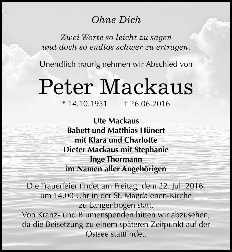  Traueranzeige für Peter Mackaus vom 09.07.2016 aus Mitteldeutsche Zeitung Halle/Saalkreis