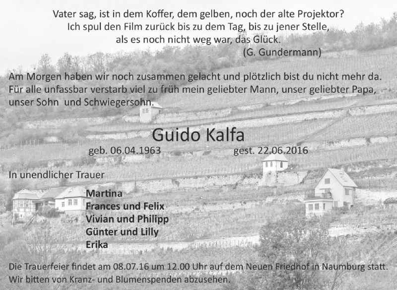  Traueranzeige für Guido Kalfa vom 06.07.2016 aus WVG - Wochenspiegel NMB / WSF / ZTZ