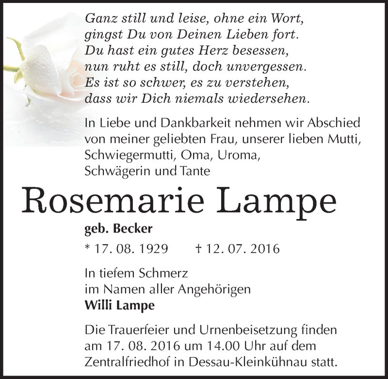  Traueranzeige für Rosemarie Lampe vom 23.07.2016 aus Mitteldeutsche Zeitung Dessau-Roßlau