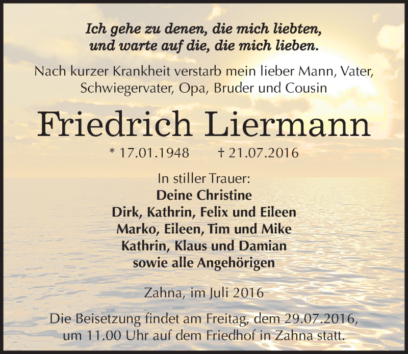  Traueranzeige für Friedrich Liermann vom 25.07.2016 aus Mitteldeutsche Zeitung Wittenberg