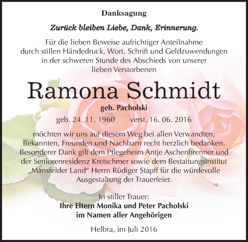  Traueranzeige für Ramona Schmidt vom 23.07.2016 aus Mitteldeutsche Zeitung Mansfelder Land