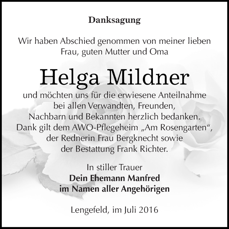  Traueranzeige für Helga Mildner vom 16.07.2016 aus Super Sonntag SGH Mansf. Land