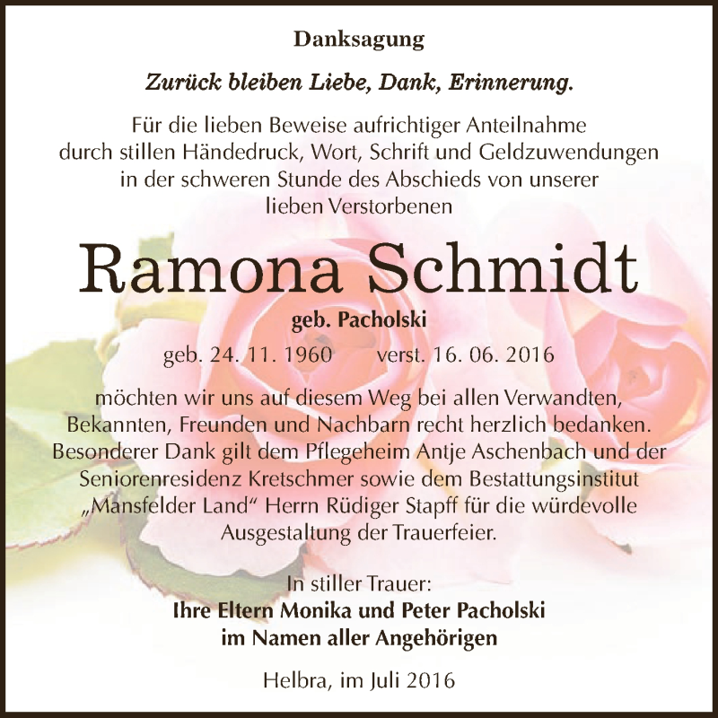  Traueranzeige für Ramona Schmidt vom 30.07.2016 aus Super Sonntag SGH Mansf. Land