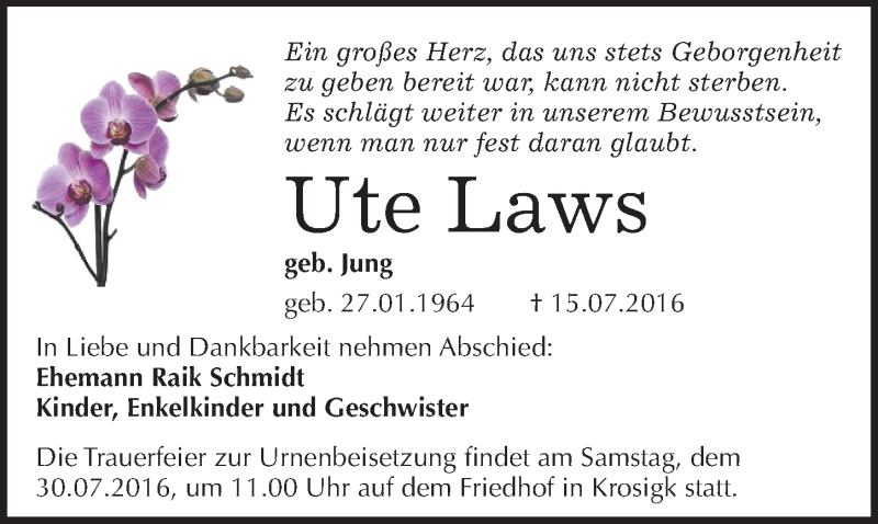  Traueranzeige für Ute Laws vom 27.07.2016 aus Mitteldeutsche Zeitung Halle/Saalkreis