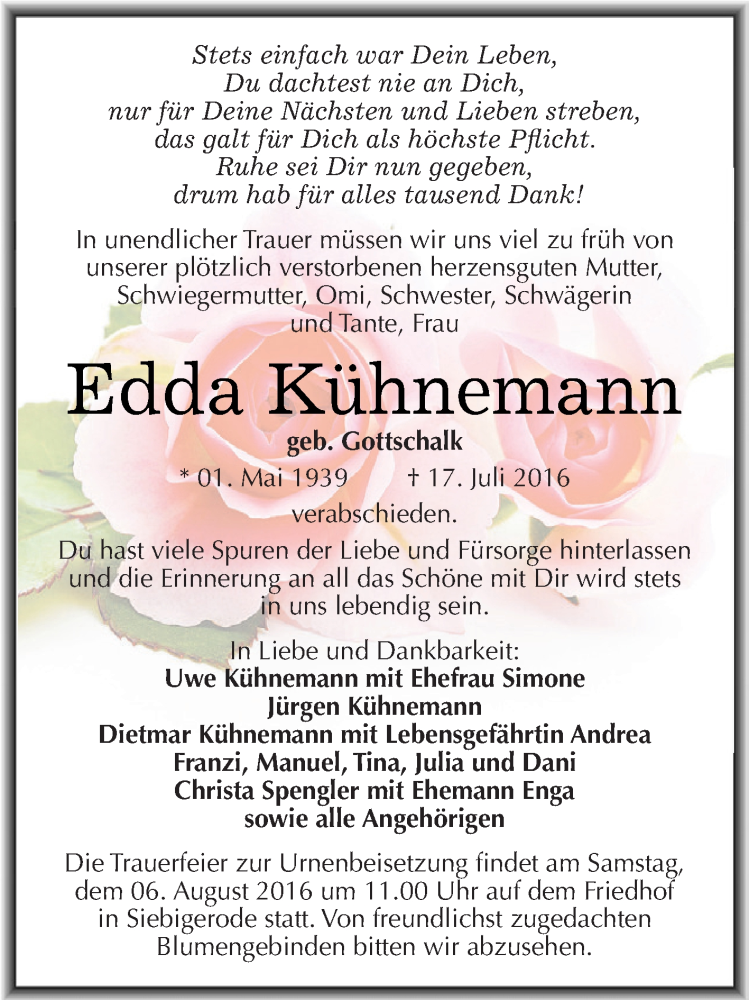 Traueranzeige für Edda Kühnemann vom 27.07.2016 aus Wochenspiegel Mansfelder Land