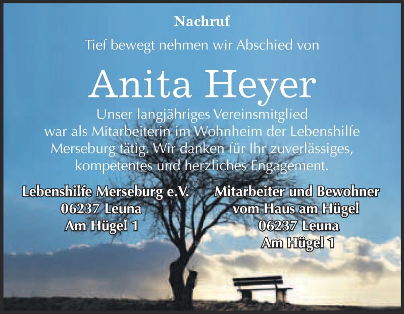  Traueranzeige für Anita Heyer vom 06.07.2016 aus WVG - Wochenspiegel Merseburg