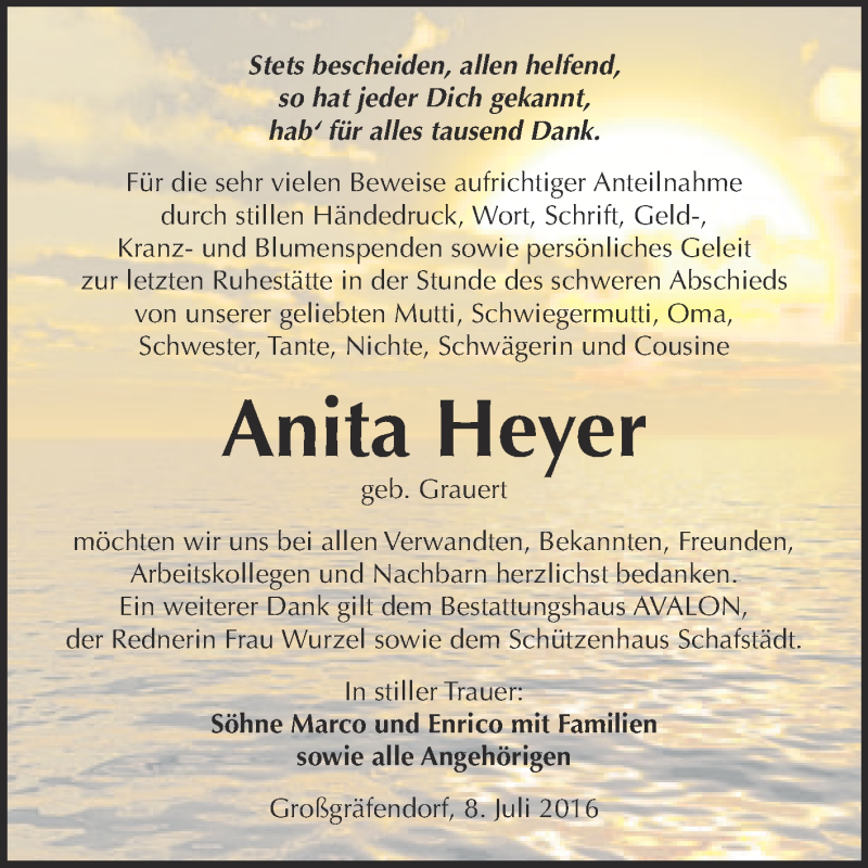  Traueranzeige für Anita Heyer vom 16.07.2016 aus Super Sonntag Merseburg