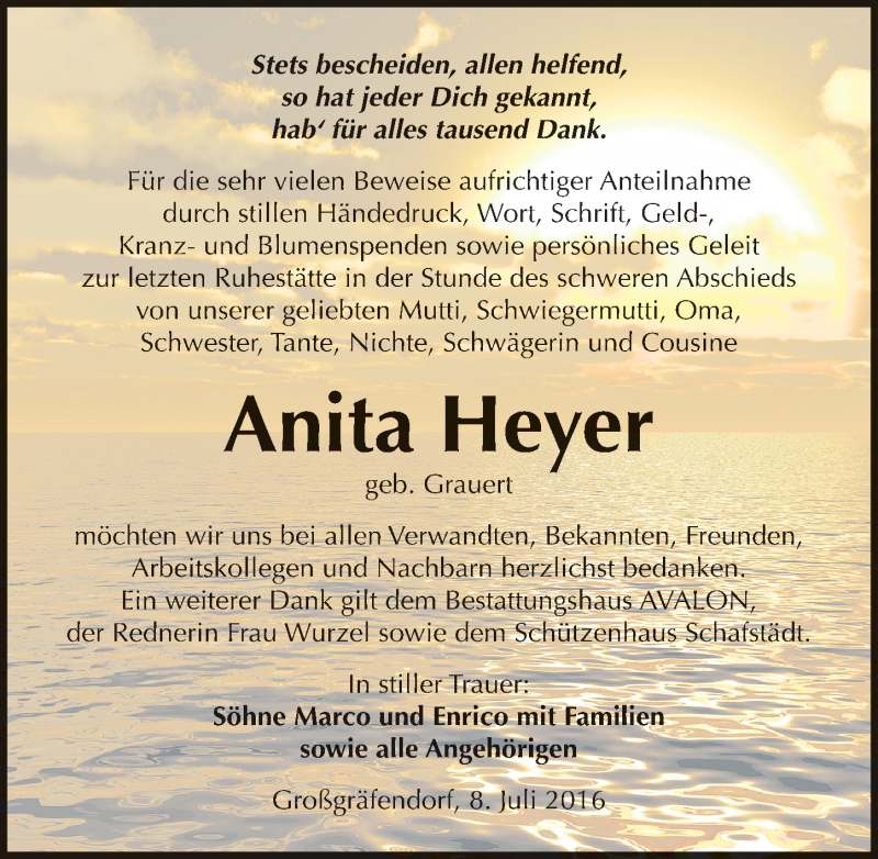  Traueranzeige für Anita Heyer vom 20.07.2016 aus Mitteldeutsche Zeitung Merseburg/Querfurt