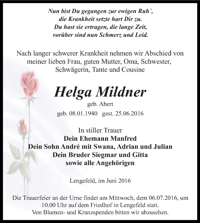  Traueranzeige für Helga Mildner vom 02.07.2016 aus Super Sonntag SGH Mansf. Land