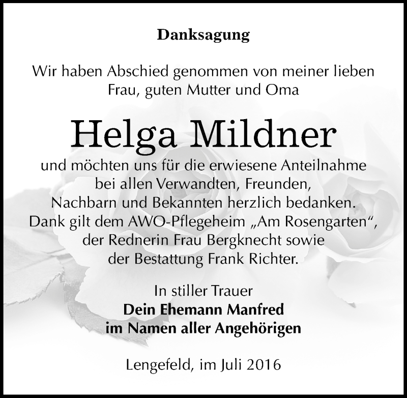  Traueranzeige für Helga Mildner vom 16.07.2016 aus Mitteldeutsche Zeitung Sangerhausen