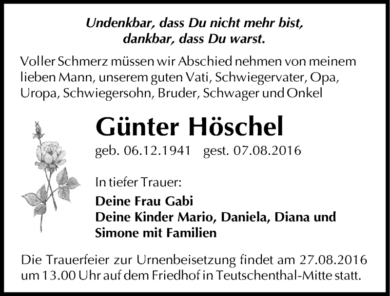  Traueranzeige für Günter Höschel vom 13.08.2016 aus Mitteldeutsche Zeitung Halle/Saalkreis