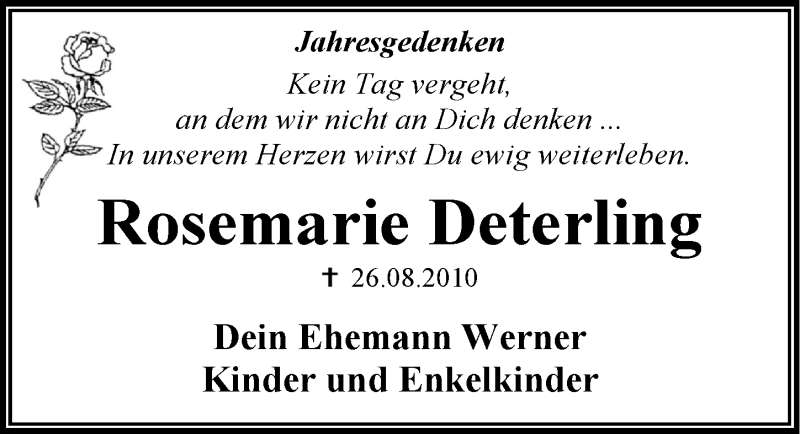  Traueranzeige für Rosemarie Deterling vom 26.08.2016 aus Mitteldeutsche Zeitung Dessau-Roßlau