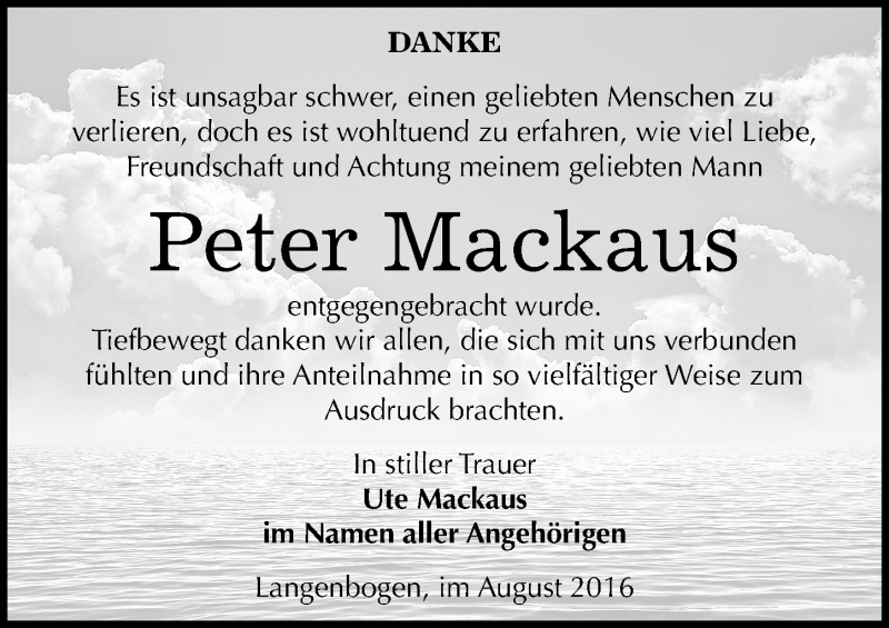  Traueranzeige für Peter Mackaus vom 06.08.2016 aus Mitteldeutsche Zeitung Halle/Saalkreis