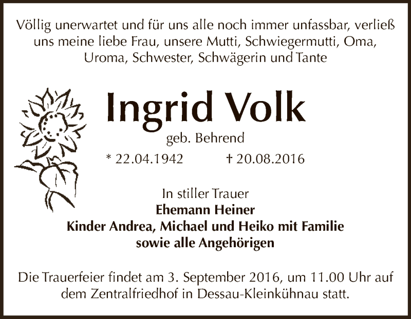 Traueranzeige für Ingrid Volk vom 27.08.2016 aus WVG - Wochenspiegel Dessau / Köthen