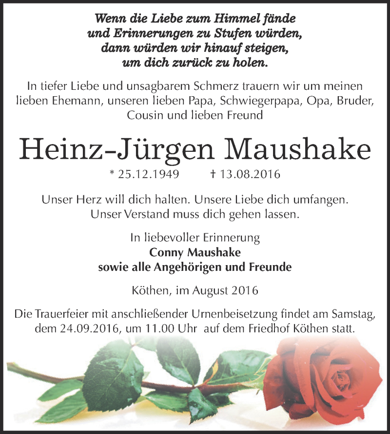  Traueranzeige für Heinz-Jürgen Maushake vom 27.08.2016 aus WVG - Wochenspiegel Dessau / Köthen