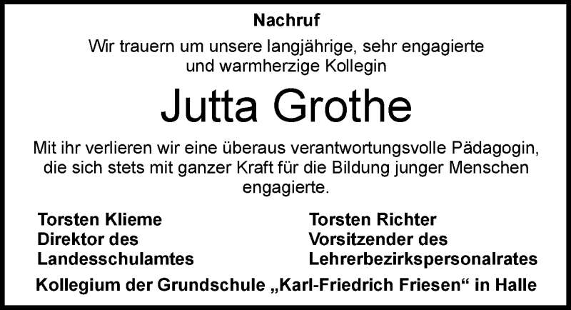  Traueranzeige für Jutta Grothe vom 12.08.2016 aus Mitteldeutsche Zeitung Halle/Saalkreis