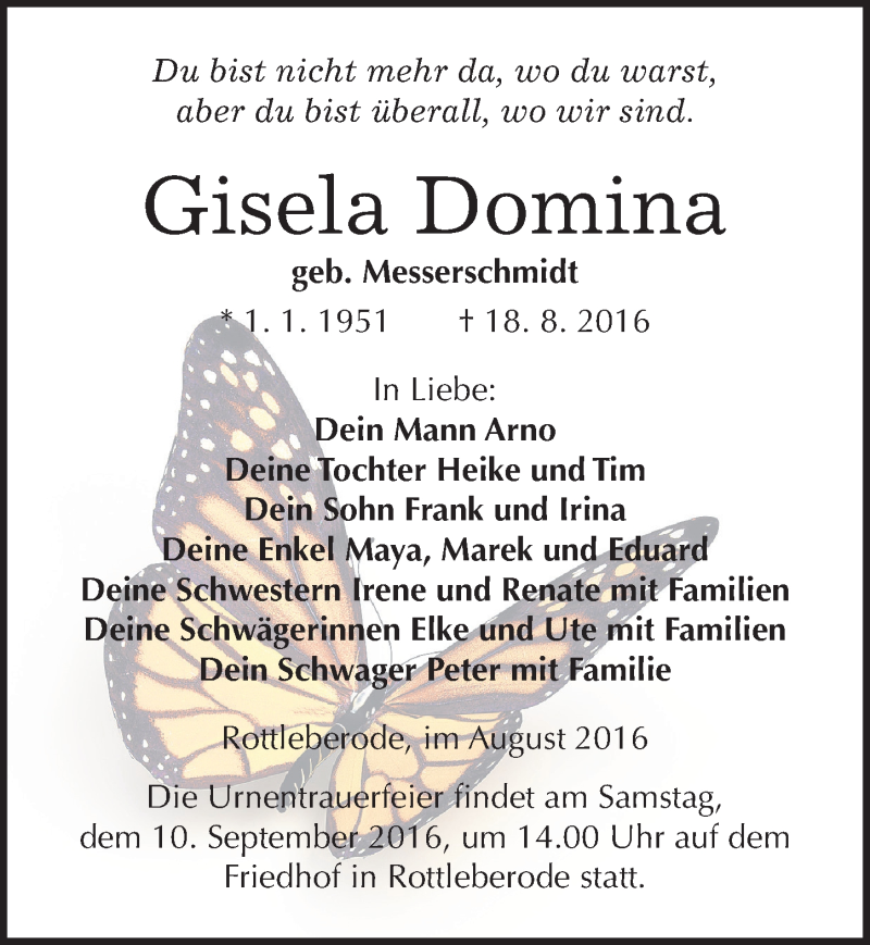  Traueranzeige für Gisela Domina vom 27.08.2016 aus Mitteldeutsche Zeitung Sangerhausen