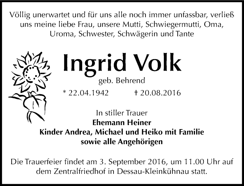  Traueranzeige für Ingrid Volk vom 27.08.2016 aus Mitteldeutsche Zeitung Dessau-Roßlau