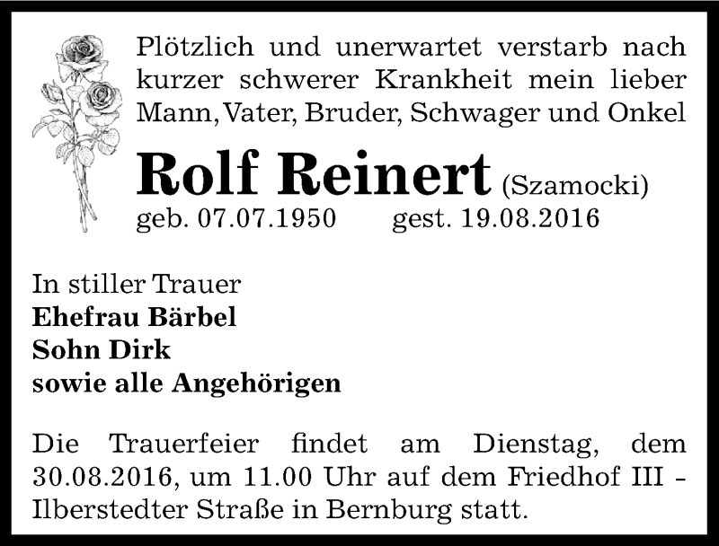 Traueranzeige für Rolf Reinert vom 25.08.2016 aus Mitteldeutsche Zeitung Bernburg